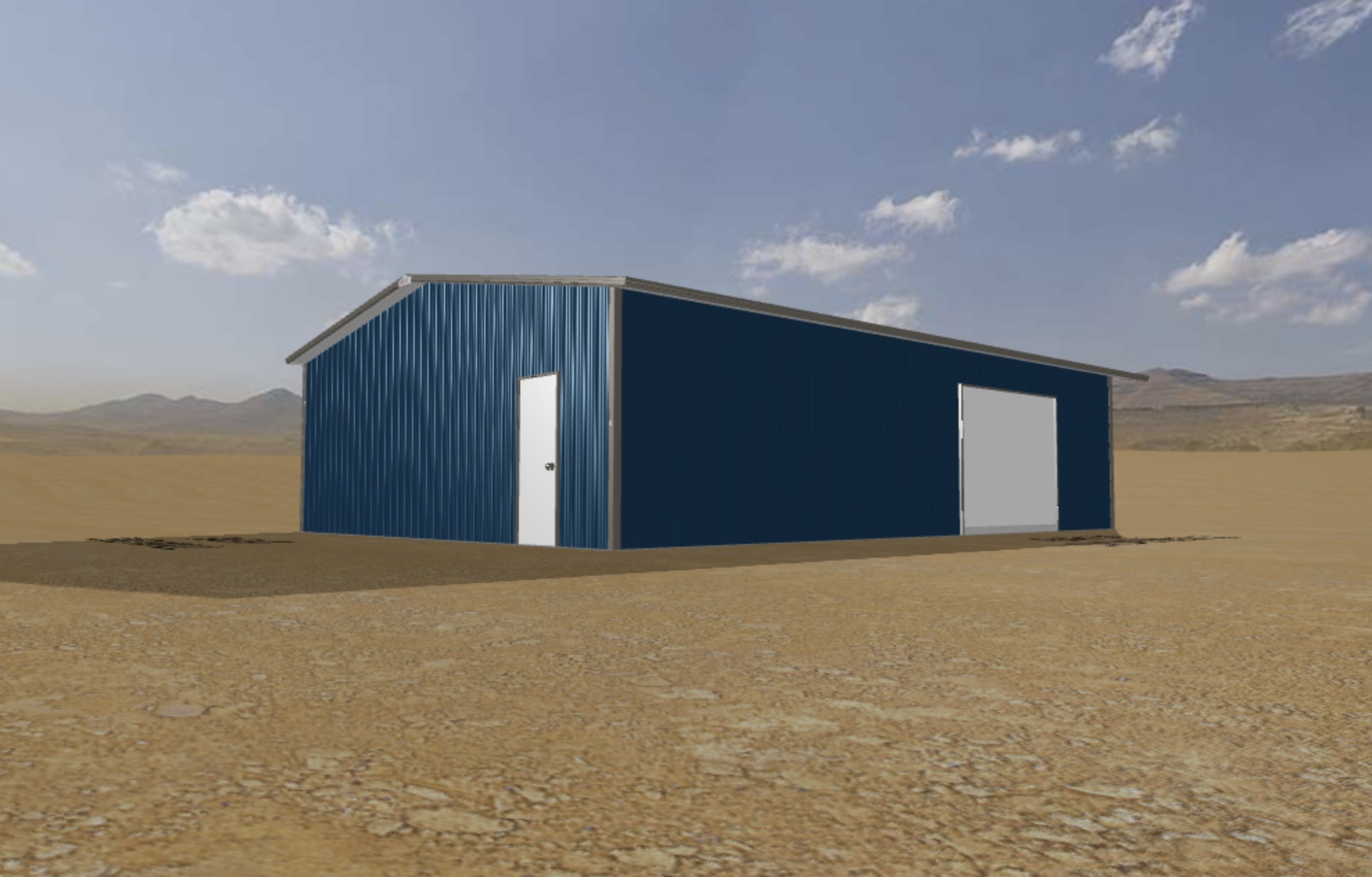 3D-modeled steel building frame rendered on an Arizona desert site, showing columns, rafters, and clear-span structure